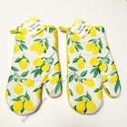 2 Fabric Printed Kitchen Oven Mitts Mittens Yellow Lemons Citrus Fruit