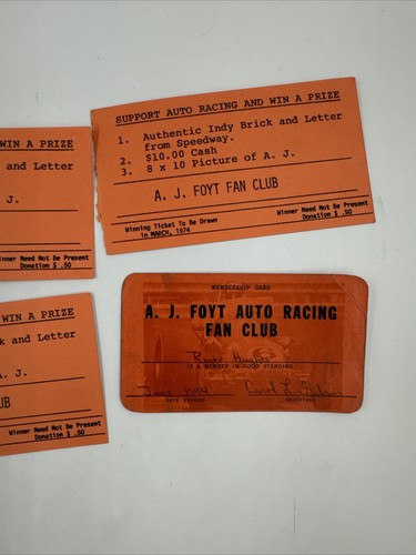 Rare Vintage 1970's A.J. Foyt Fan Club Mail In Donation Certified Ticket Stubs - Picture 3 of 4