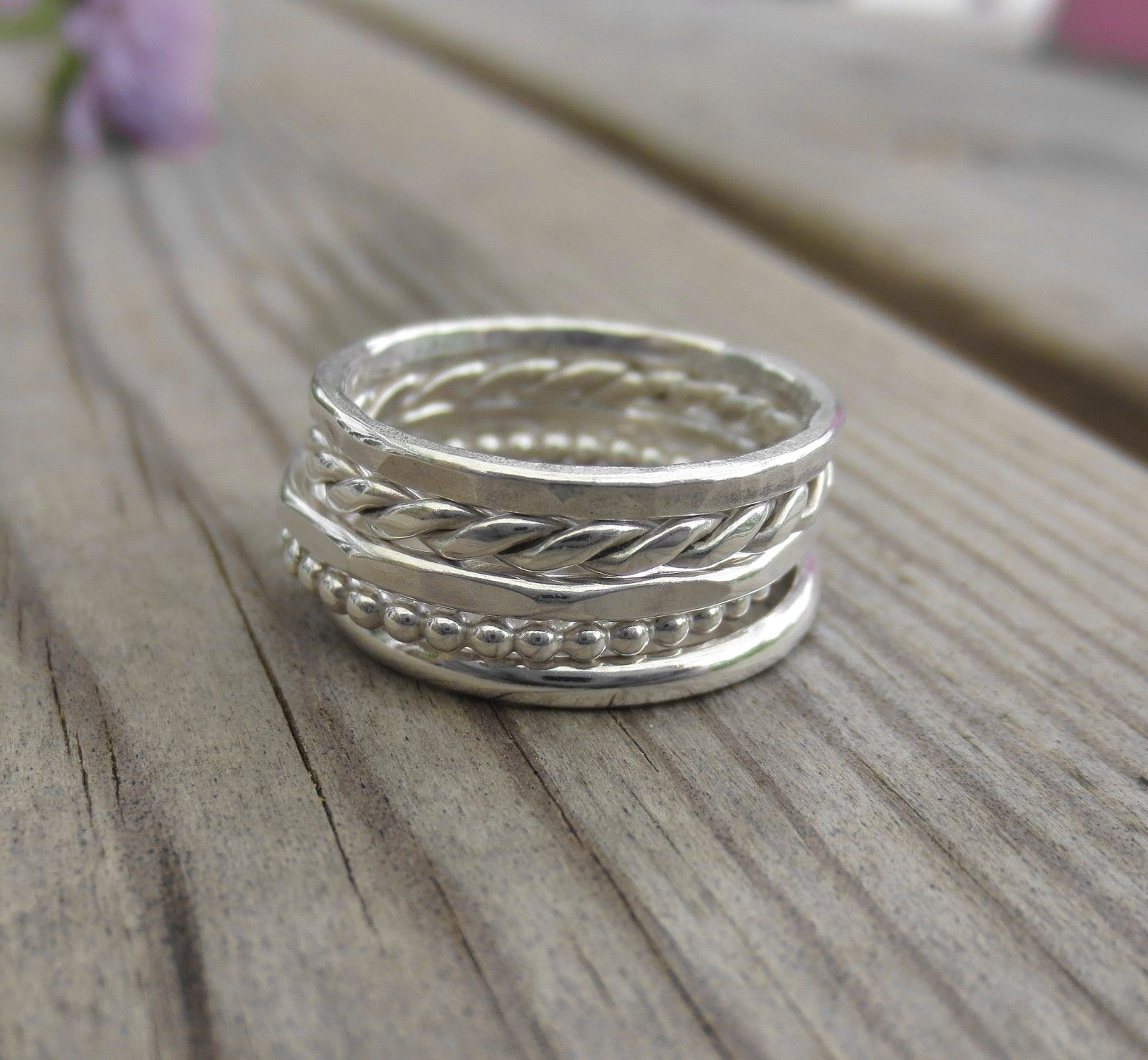 Set of Five Sterling Silver 1.5mm Stacking Rings Mixed Designs