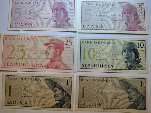 1964, 1,5,10 & 25, Sen Indonesia Lot of 6 UNC / or High Grade Value Banknotes-22 - Picture 3 of 7