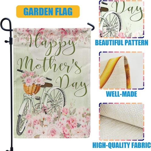 Happy Mothers Day Garden Flag, Bicycle Pink Flower Flag for Mom Gifts/Outside Ou - Picture 6 of 8