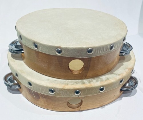 One Set Church TAMBOURINES Size 6" & 8" - CP Brand Single Row Jingles Goat Skin - Picture 8 of 13