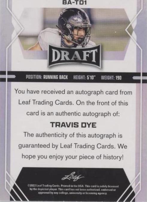 2022 Leaf Draft Travis Dye #BA-TD1