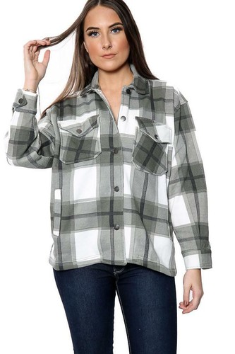 Womens Check Fleece Casual Jacket Shacket Tunic Oversized Baggy Top Shirt Coat - Picture 18 of 19