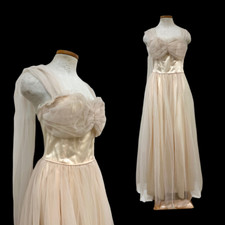 Vintage 50s Tulle Satin Sash Sweetheart Strapless Blush Pink Gown