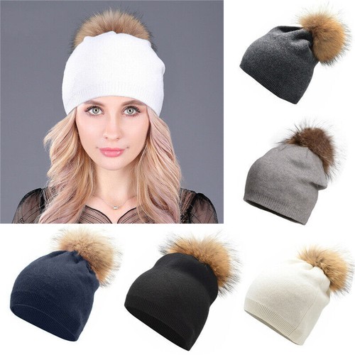 Cappello donna invernale caldo lana cashmere lavorato a maglia vera pelliccia pom pallina berretto - Foto 1 di 31