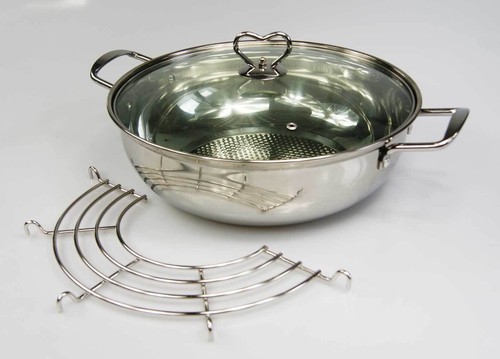 B-Ware Edelstahl Wok Topf Ø 32 cm + Glasdeckel + Abtropfgitter Grill Grillrost - Bild 3 von 5