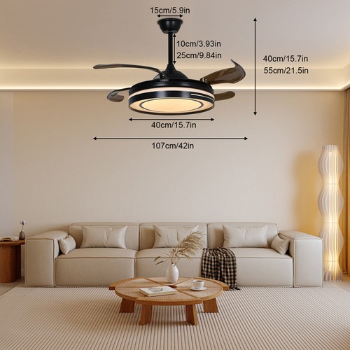 42 In Black Modern Ceiling Fan Retractable Fandelier Ceiling Fan w/ Light Remote - Picture 2 of 19