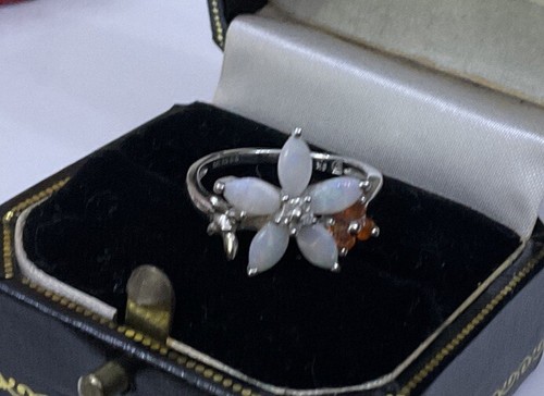HM QVC 9ct 9k White Gold Opal Marquise Diamond Daisy Cluster Butterfl Ring K 1/2 - Picture 11 of 14