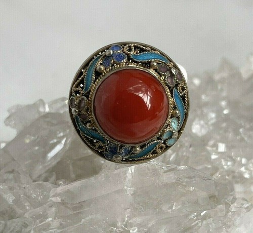 VINTAGE RARE Floral Figural Enamel Filigree Ring Size 6 - Picture 1 of 3