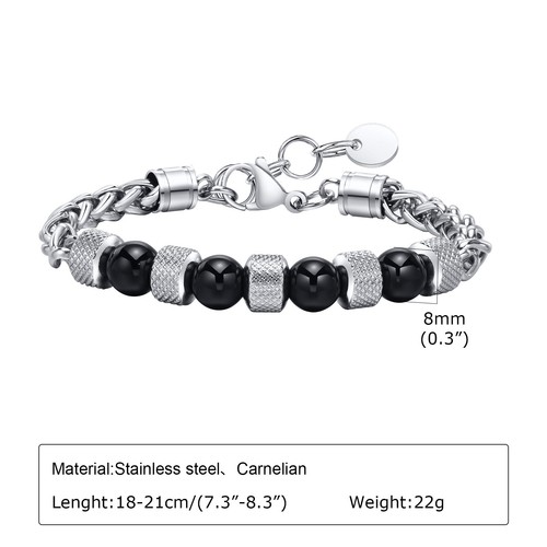 Stainless Steel Tiger Eye Stone Black Agate Beaded Braided Chain Bracelet Mens - Picture 2 of 10