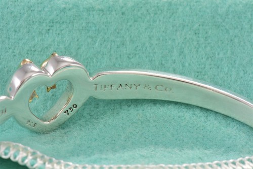 Tiffany & Co 18K Yellow Gold Silver Heart Bow Ribbon 7" Cuff Bracelet in Pouch - Picture 6 of 8