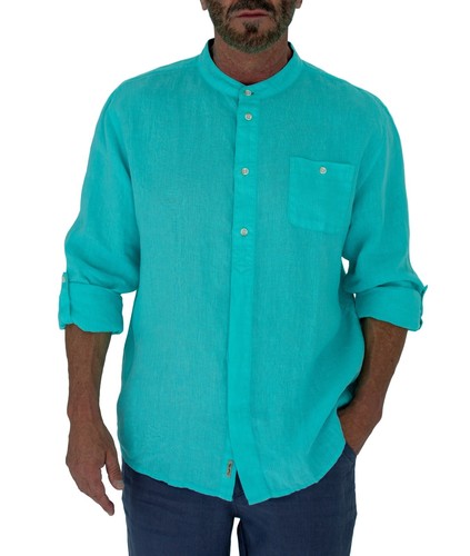 Short Fin mens 100% Linen Long sleeve button down Shirt with mandarin collar  - Picture 20 of 37
