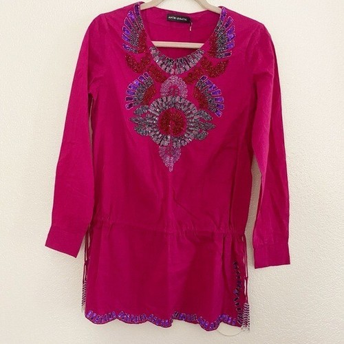 Antik Batik Damen Gr. Small Tunika-Minikleid mit Perlenverzierung Fuchsia NEU - Bild 2 von 13