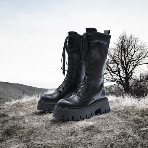 ZARA Botas de Cuero Vegano Negras con Cordones para Mujer Gruesas Plataforma Botas de Combate Talla 8