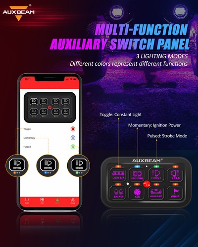 Panel de interruptores AUXBEAM RGB 8 velocidades AR-800 APLICACIÓN control bluetooth para Chevy Silverado - Imagen 6 de 12