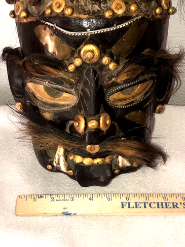Vintage Tibetan Handmade & Carved Horned & Real Hair Ceremony Tribal Mask - Picture 7 of 14