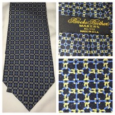 Brooks Brothers Makers Tie 100% Silk Blue Yellow Chain Link Necktie USA MADE