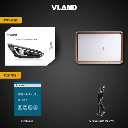 VLAND Demon Eyes LED Headlights For Ford Focus 2015-2018 w/Blue Animation DRL - Picture 12 of 12