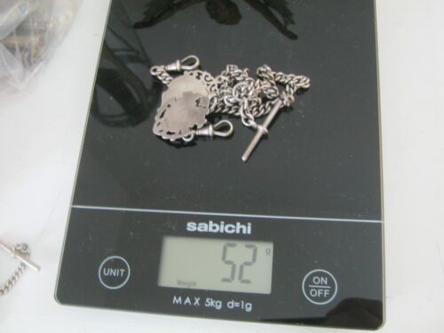Birmingham 1914 Sterling Silver DOUBLE ALBERT Pocket Watch Chain T Bar & 2 Fobs - Picture 11 of 11