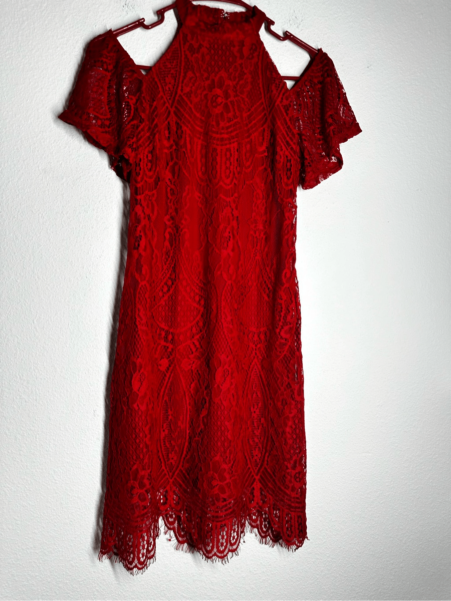 Love,Fire Women's Bohemian Cold-Shoulder Lace Shift Red Dress