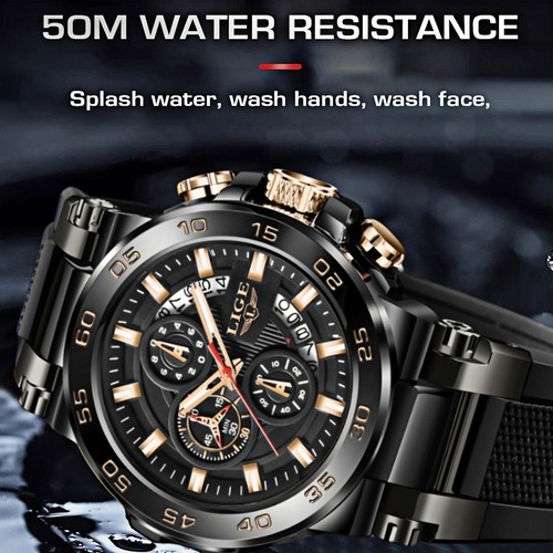 LIGE Men Watch Quartz Chronograph Date 50M Waterproof Sport Diver Man Wristwatch - Picture 8 of 9
