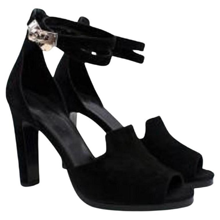 HERMES Kelly Lock D'Orsay Pumps Black Suede PHW Buckle Size 37.5