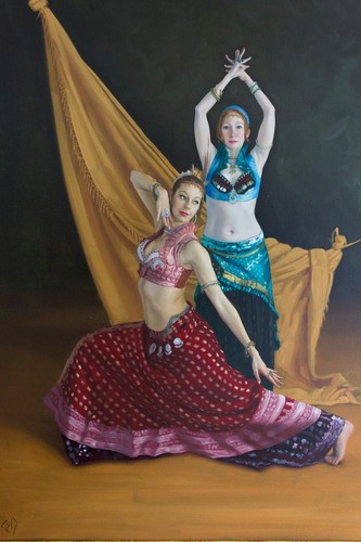 Original gerahmtes Ölgemälde 2 Bauchtänzer tanzende Mädchen weibliche Frauen exotisch - Bild 2 von 5