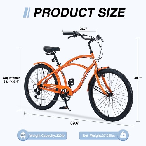 Beach Cruiser Bike 26inch Wheel Bike 7 Speed Driven System V-Brake for Women Men - Picture 2 of 8