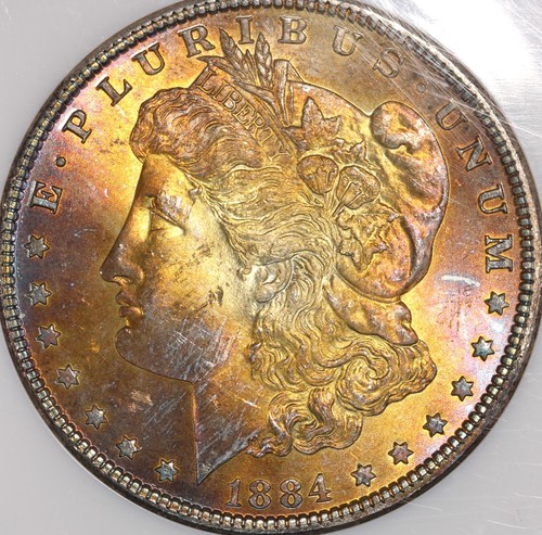 ☀️"SUNBURST"☀️ 1884 MORGAN SILVER DOLLAR NGC MS64🌈GOLD, ORGANGE, PINK, BLUE🌈 - Picture 3 of 4