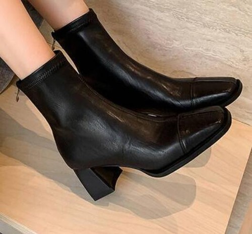 Damen-Stiefeletten spitz zulaufend Blockabsatz Leder Retro Reißverschluss Winter warm Schuhe - Bild 4 von 10