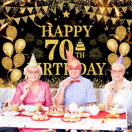 70th Happy Birthday Banner Black Gold Photography Backdrop for Party Supplies - Picture 3 of 6