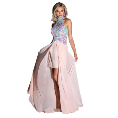 blush 2 piece prom dress GLS Long Formal Mock 2 Piece Blush Prom Dress - Sleeveless V-Neckline with Embroidered Lace