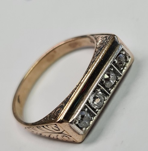 Art Deco Diamond Ring 585 Yellow Gold 4 Diamonds 5.45g, From Estate - Picture 1 of 9