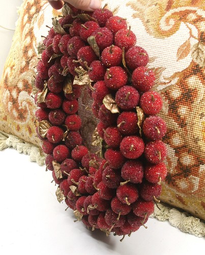 11" CHRISTMAS HOLIDAY WREATH w/ FAUX RED ICED CHERRIES & GOLD METALLIC LEAVES - Picture 2 of 2
