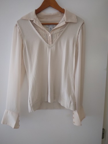 Nine West Women's Sweater Top Knit Ruffle Ivory Long Sheer Sleeve M - Picture 12 of 12