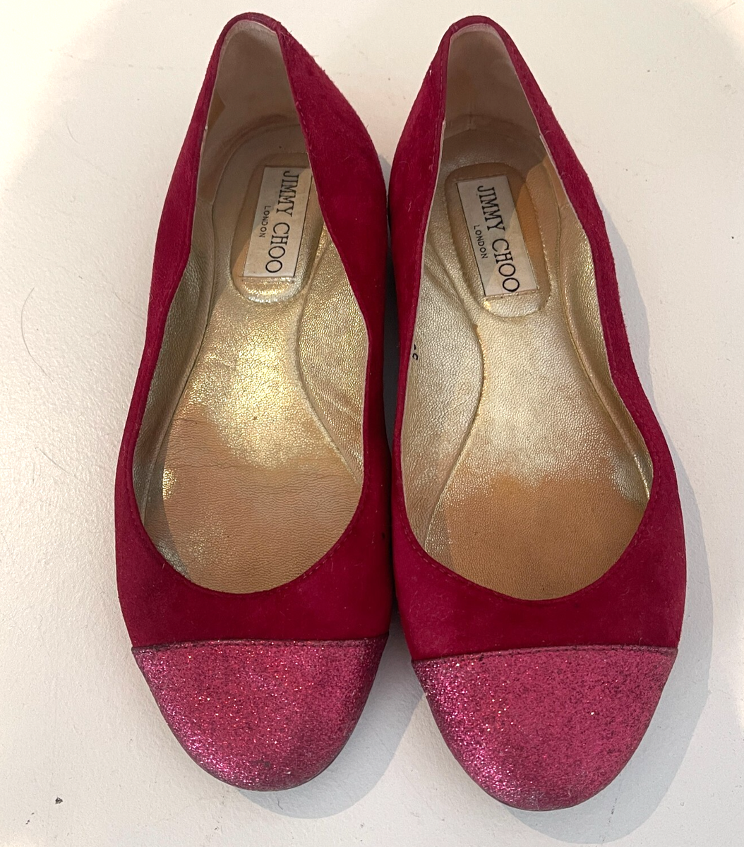 Jimmy Choo GAZE FLAT red suede leather ballet shoes sparkle round