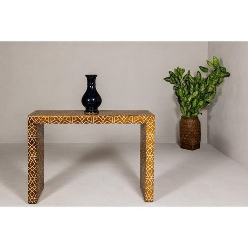 Wooden Console Table, Bone Inlay Furniture Geometric Mango Wood Handmade Home Dé - Picture 3 of 14