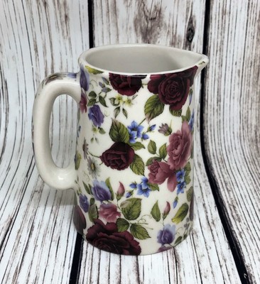 Shabby Chic Modern Vintage Floral Jug Cream Pottery Pink Blue Pint Pitcher Jug