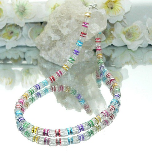 Halskette Walzen Glas crash weiß Aluminium Rondelle farbig bunt mehrfarbig  115c - Bild 5 von 6