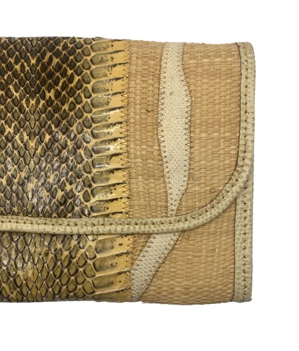 Vintage CARLOS FALCHI Yellow Cream Snakeskin Wicker Envelope Clutch USA - Picture 2 of 10