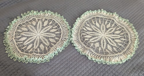 Vintage Crochet Doilies w Frilled Double Edge, Green Accent Set Of 2 17.5"' - Picture 1 of 10