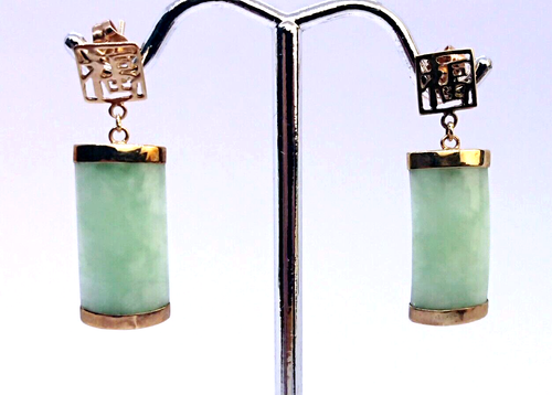 Pendientes colgantes vintage de jade de oro de 9 quilates - Pendientes de jade y oro - Imagen 2 de 10
