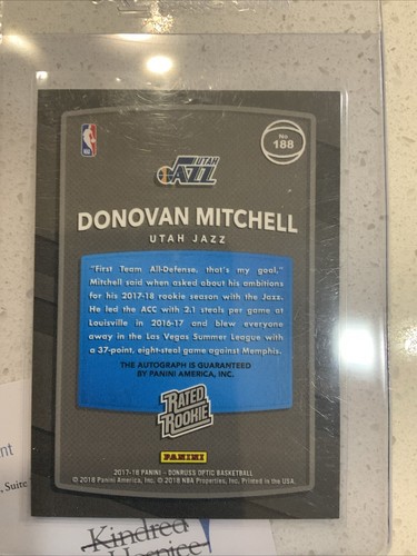 Donovan Mitchell 2017-18 Panini Donruss Optic Rated Rookie Autograph RC Auto 188 - Picture 8 of 9