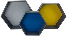 Set of 3 Wooden Geometric Hexagon Shelves in Blue, Yellow and Grey