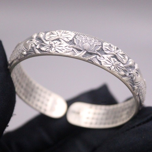 Pure 999 Fine Silver Bangle Women Fish Lotus Flower Sutra Cuff Bracelet 50.1g - Picture 1 of 6