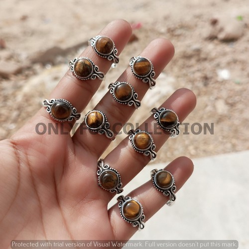 Lot of 10 Tiger’s Eye Gemstone Casting Rings 925 Sterling Silver Plated - Picture 2 of 7