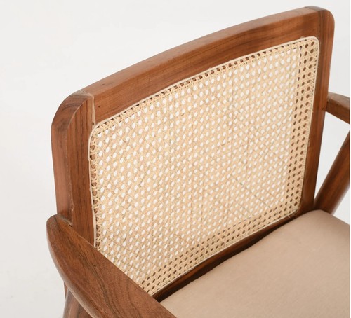 Mid-Century Rattan Wooden Chair, Solid Mango Wood, Natural Linen Fabric Armchair - Picture 6 of 6