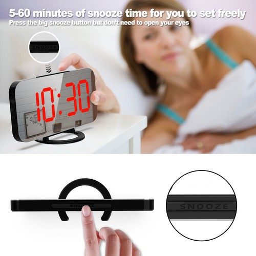 Digital Alarm Clock 6.5" Large LED Mirror Display Dual USB Charger Port Clocks - Picture 30 of 42