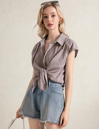 Womens Checked Button Tee Casual Shirts Lapel Loose Summer Blouse Tops Size 6-20 - Picture 21 of 23
